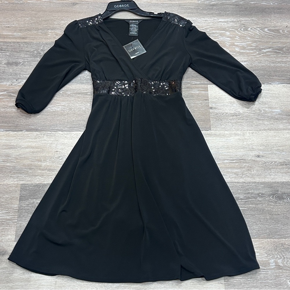George Stretch Black Sequin V-Neck Dress M (8/10) Elegant 3/4 Sleeve NWT